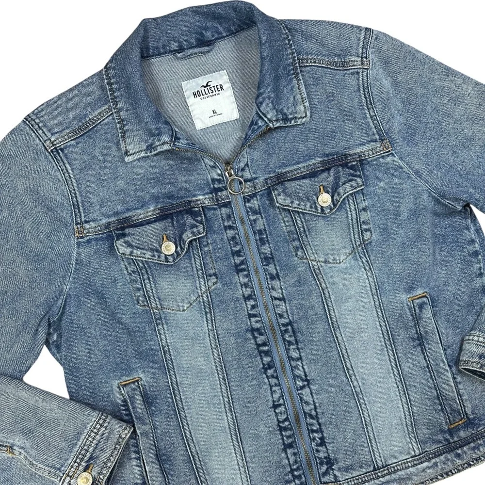 HOLLISTER Womens XL Full Zipper Front Acid Washed Blue Denim Stretch Jean Jacket - Picture 6 of 11